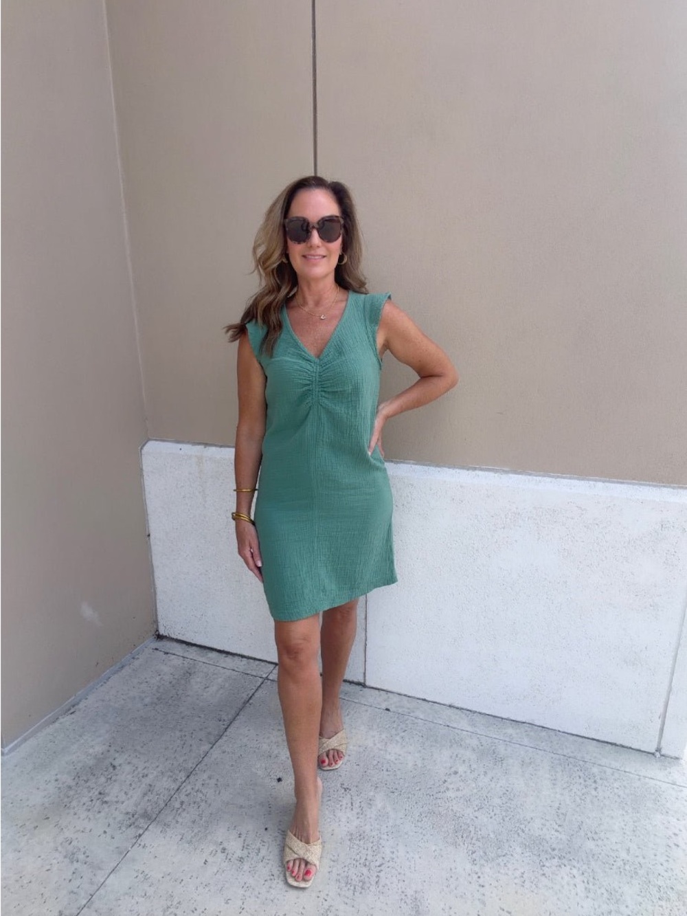 bobi Los Angeles Sage Green Beach Gauze Mini Dress V-Neck Ruched Small
